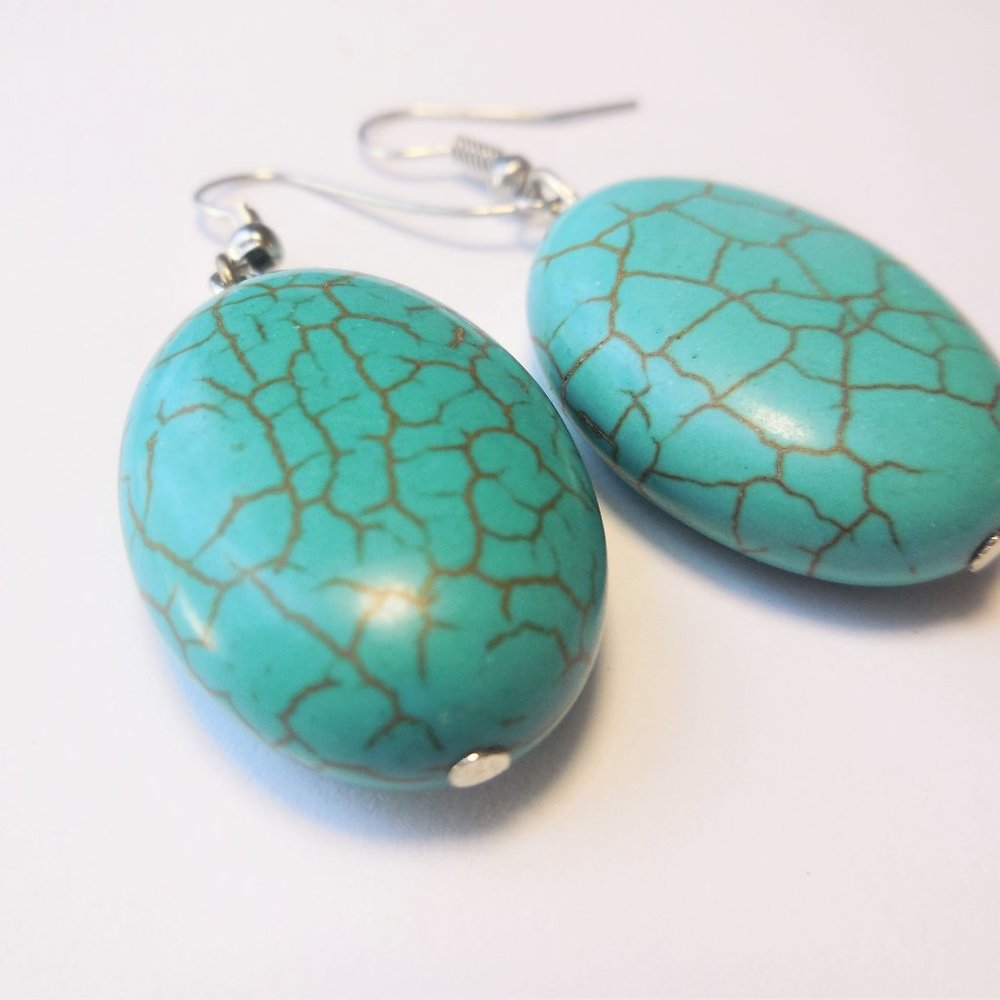 Earrings Natural Turquoise Dangle Oval Jewerly - Picture 5 of 7
